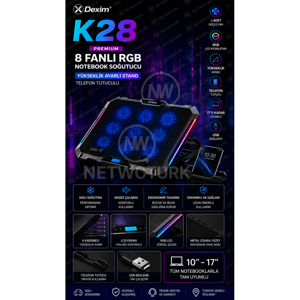 Dexim K28 Premium 8 Fanlı RGB Notebook Soğutucu Stand (17”)