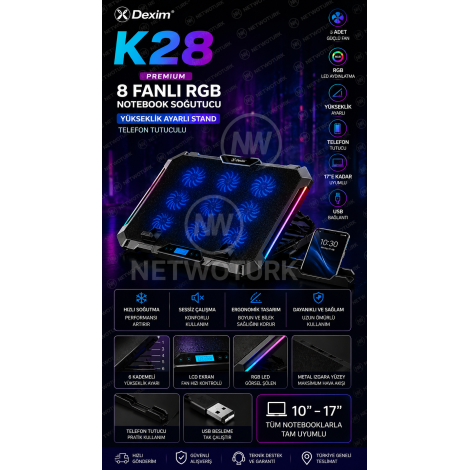 Dexim K28 Premium 8 Fanlı RGB Notebook Soğutucu Stand (17”)