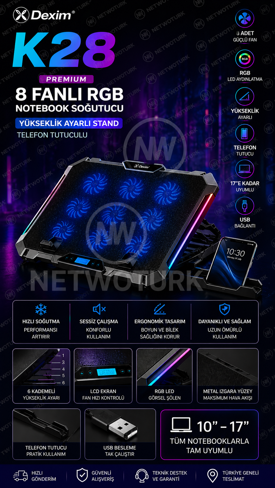 Dexim K28 Premium 8 Fanlı RGB Notebook Soğutucu Stand (17”)