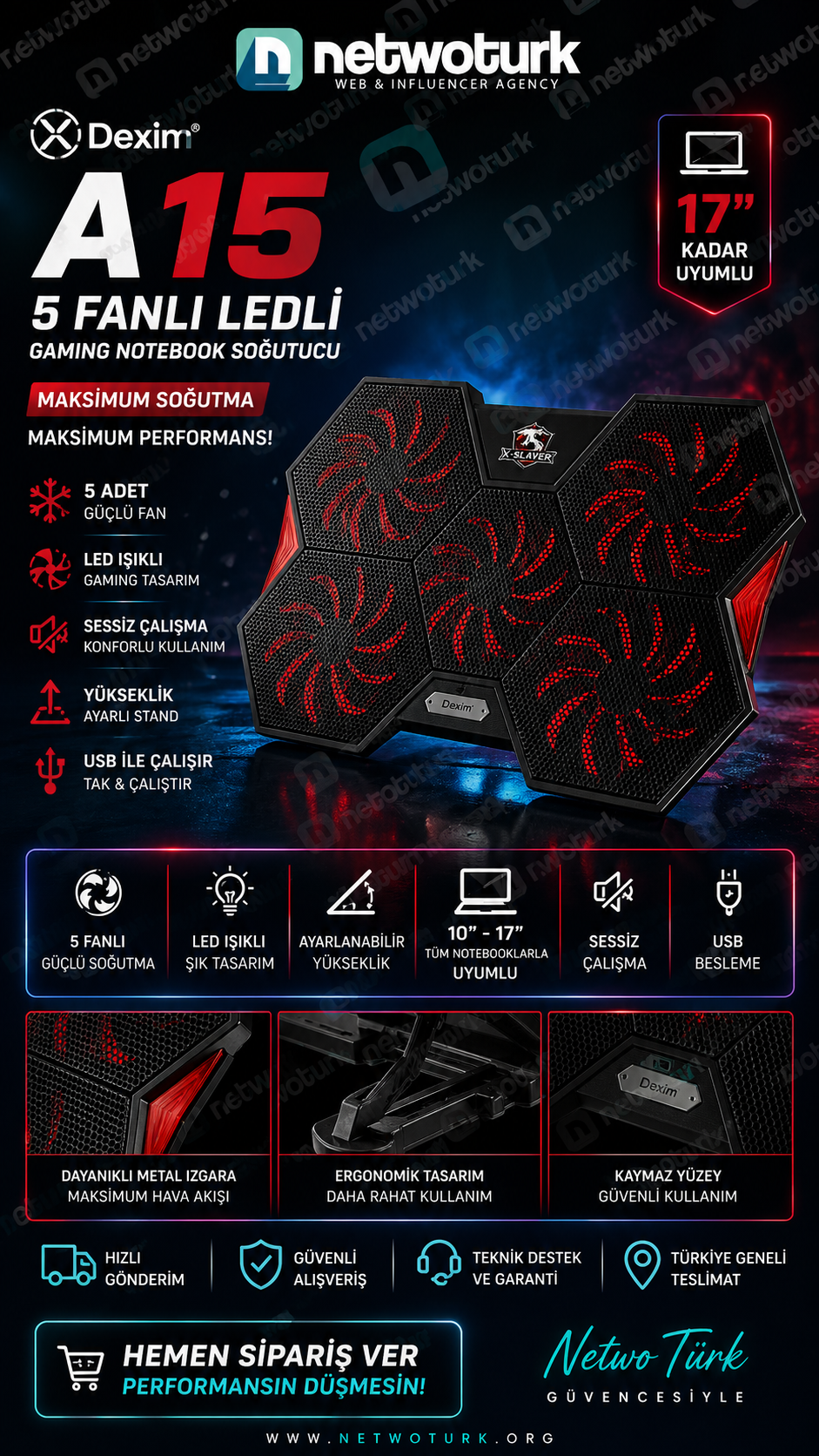 Dexim A15 5 Fanlı Ledli Gaming 17'' Notebook Soğutucu - DNA004