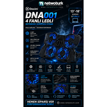 Dexim DNA001 4 Fanlı Notebook Soğutucu 13-18 İnç Sessiz Ledli