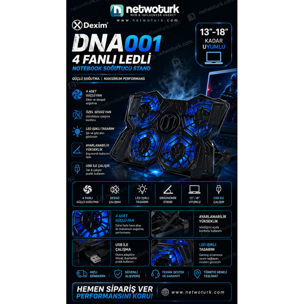 Dexim DNA001 4 Fanlı Notebook Soğutucu 13-18 İnç Sessiz Ledli