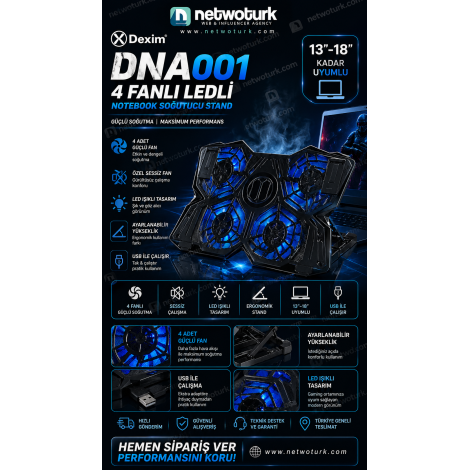 Dexim DNA001 4 Fanlı Notebook Soğutucu 13-18 İnç Sessiz Ledli