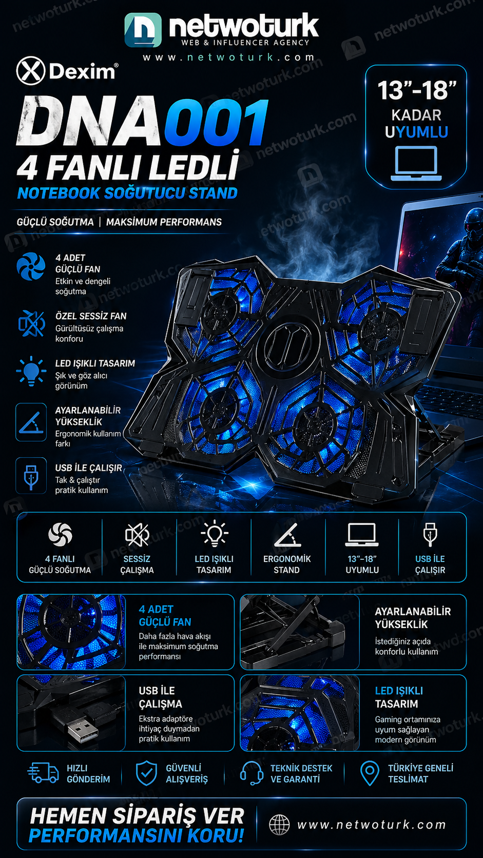 Dexim DNA001 4 Fanlı Notebook Soğutucu 13-18 İnç Sessiz Ledli Laptop Stand